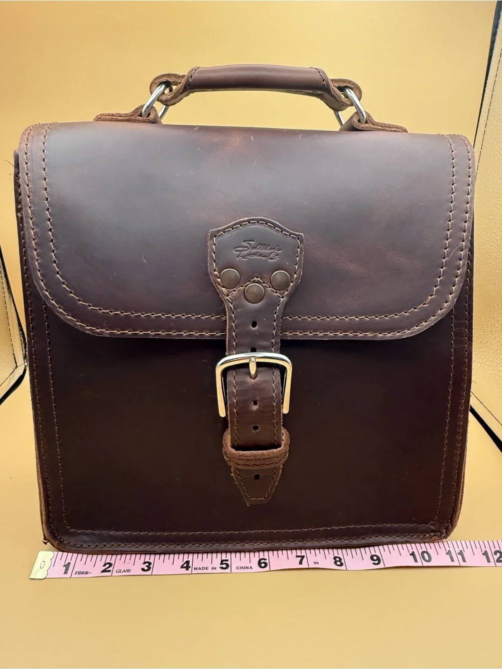 Saddleback Leather Indiana Satchel Dark Coffee Brown Blue Logo